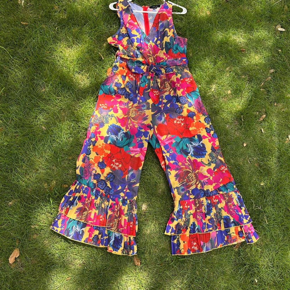 Red and Yellow Cropped Jumpsuit with Ankle Length and Bold Design